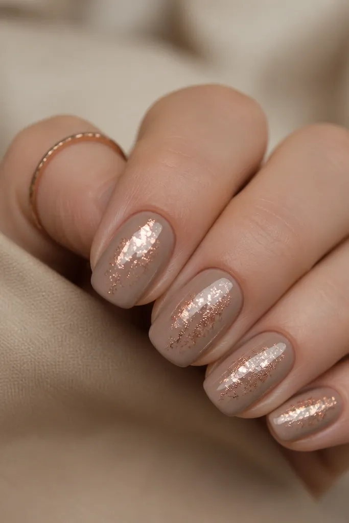 Short squoval nails in taupe nude. Rose gold leaf flakes cluster near the center and taper toward the sides, all under a glossy clear cap.