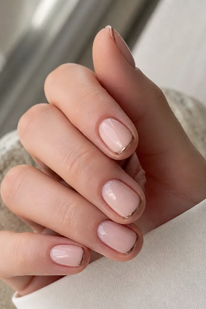 A set of short, rounded nails. The base is sheer milky nude. The french tips are very thin and brown, and only the very outer edge of each tip is mirrored chrome, like a razor line of reflective silver-brown.