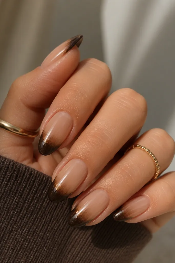 Medium almond nails. The base is warm nude. The french tips are deep espresso-brown. Chrome is applied with a gradient - denser near the tip edge and fades toward the inner french line, creating a coffee-chip shimmer.