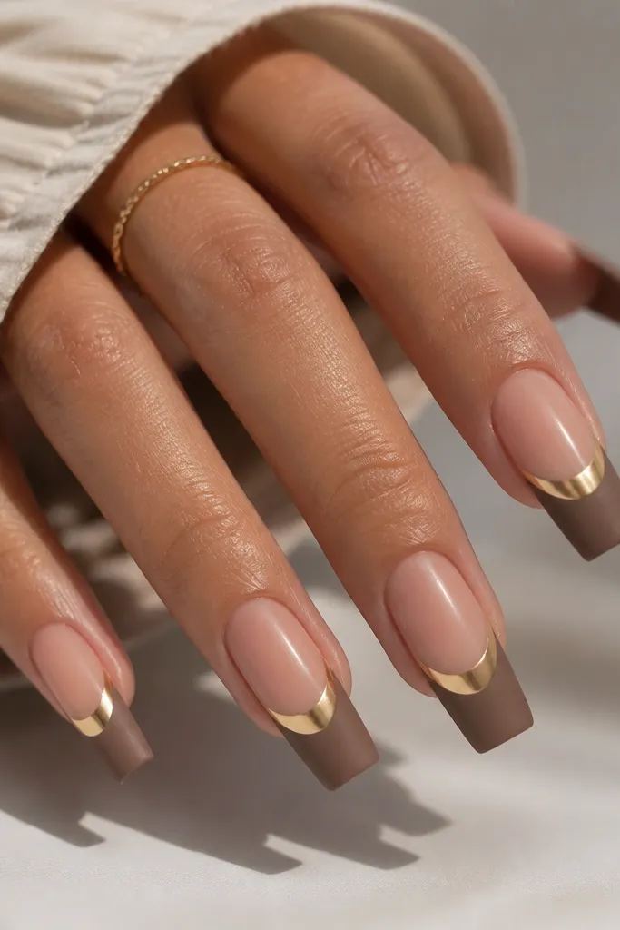 Long square nails. A mocha-brown french wraps the tips, but the center of each tip has a half-moon cutout filled with champagne-gold chrome. The rest of the french is matte brown with a glossy topcoat only on the chrome area.