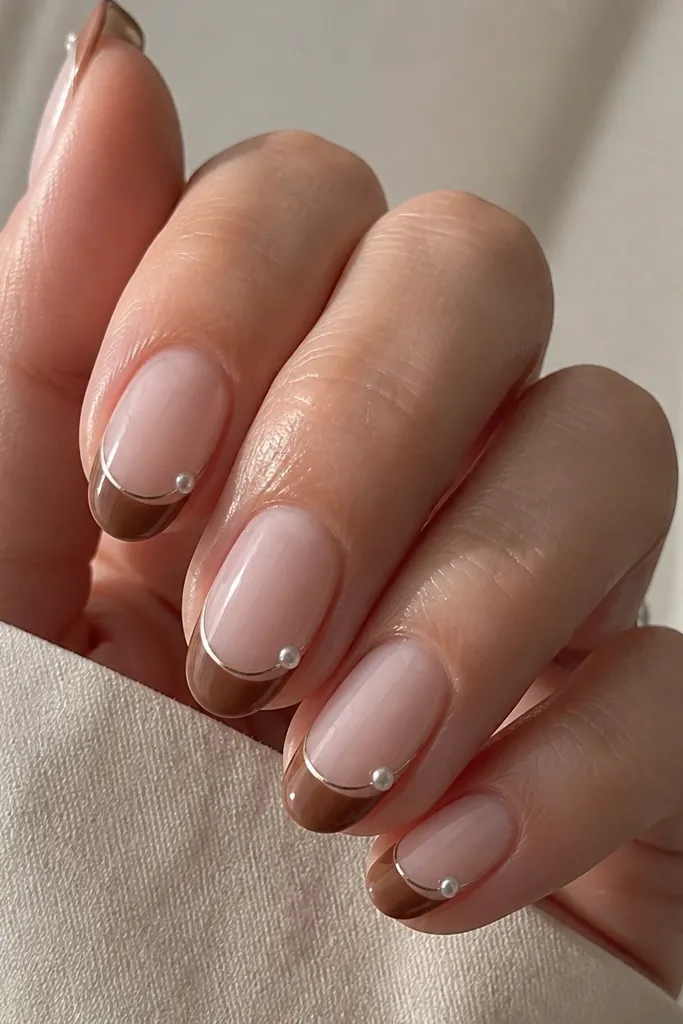 Oval nails with a sheer nude base. Each tip is a smooth medium-brown french. At the outer corner of each nail, there's a single tiny pearl dot with a glossy dome, and a thin chrome line runs right under it.
