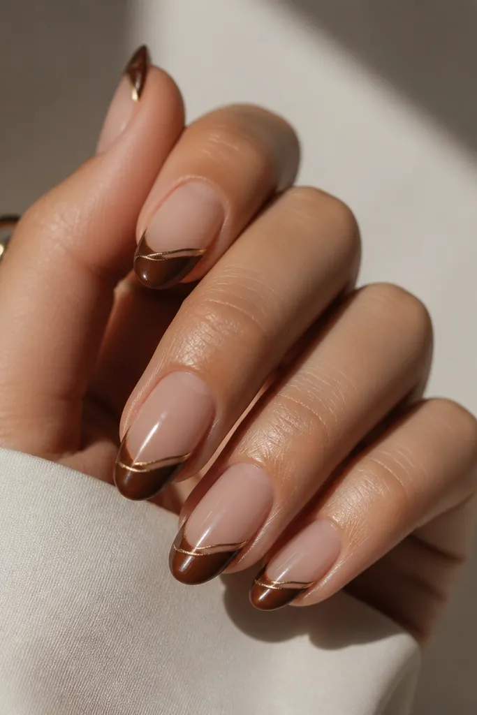 Medium almond nails with a glossy sheer nude base. The french tips are chocolate brown. Across each tip runs a thin, curved rose-gold chrome "vein" line, like a ribbon of light.