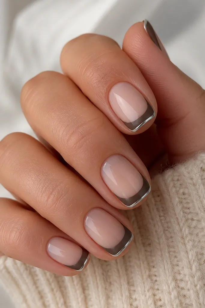 Short square nails. The french tips are matte cocoa brown, with the very outer tip outlined in bright silver chrome. Base is glossy nude, creating a strong contrast.
