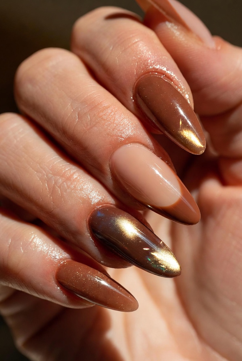 Long coffin nails with a sheer nude base. The french is translucent brown. Under the brown, you can see tiny chrome flecks concentrated near the center of each tip, like confetti trapped under glass.