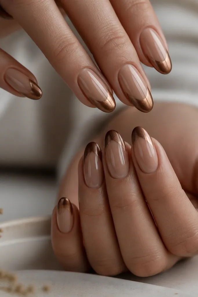 Medium almond nails. Base is sheer caramel nude. Tips are caramel-brown. The chrome gradient is toasted bronze, strongest at the outer corners and fading toward the center of the tip.