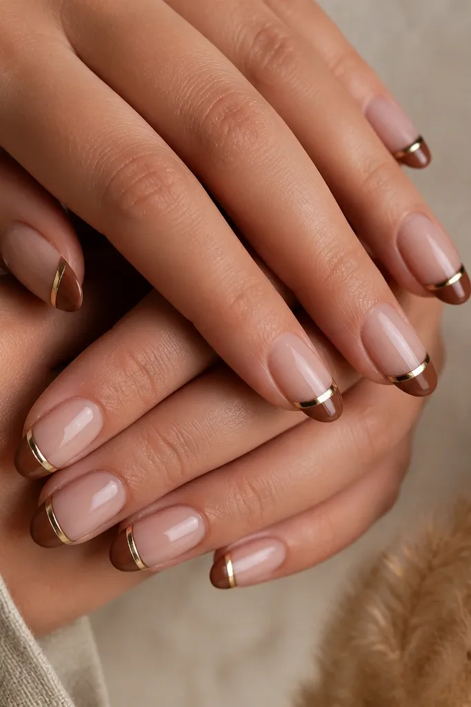 Oval nails with sheer nude base. The french tips are medium brown. A single horizontal chrome stripe crosses each tip from left to right, about halfway up the french area.