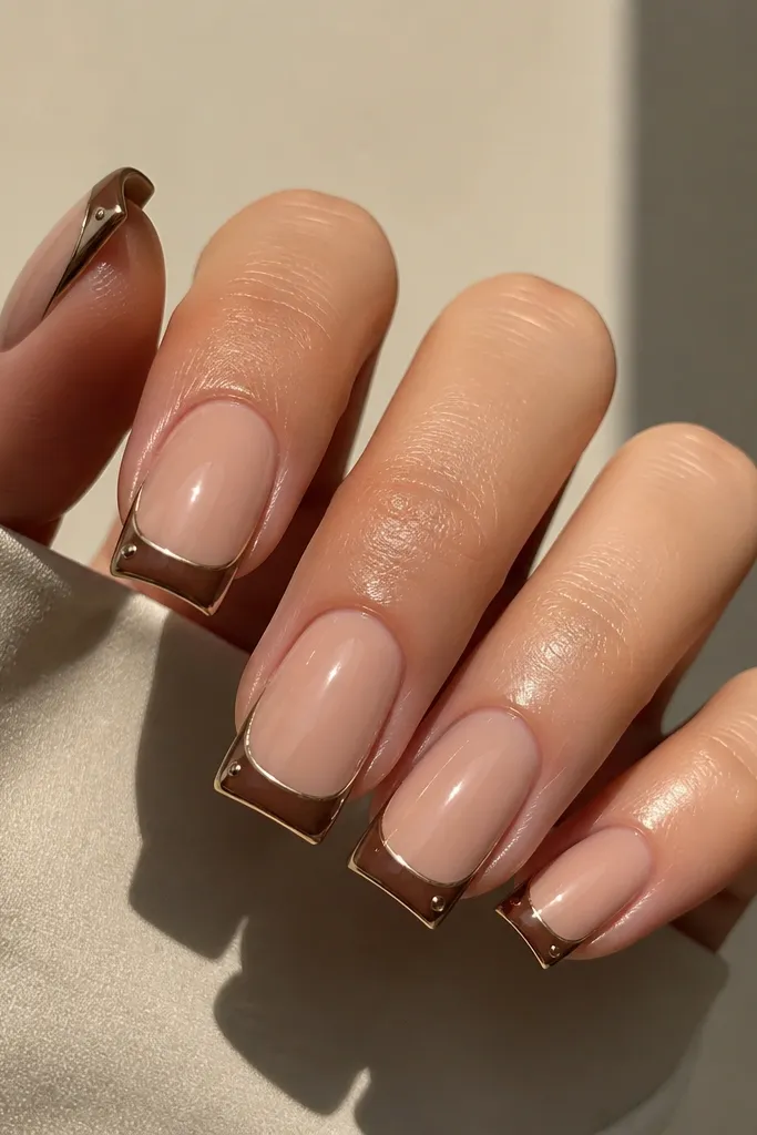 Square nails with glossy nude base. Brown french tips have a thin gold-brown chrome outline around the perimeter. Near the inner corner of each tip, there's a tiny dot in the same chrome.