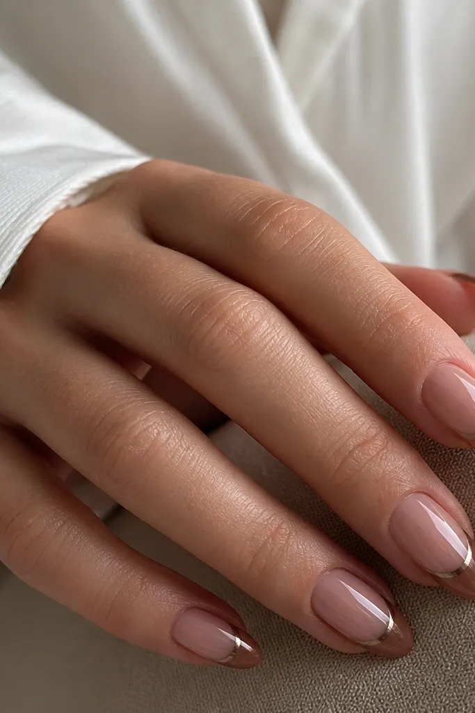 Medium oval nails. The base is sheer. The french tips are a translucent brown. The top half of each tip is mirror chrome, while the bottom half stays sheer brown.