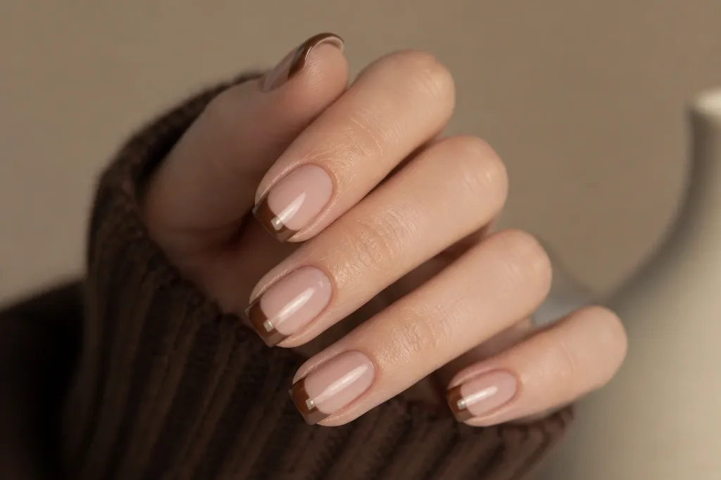 Modern brown chrome french tip nails