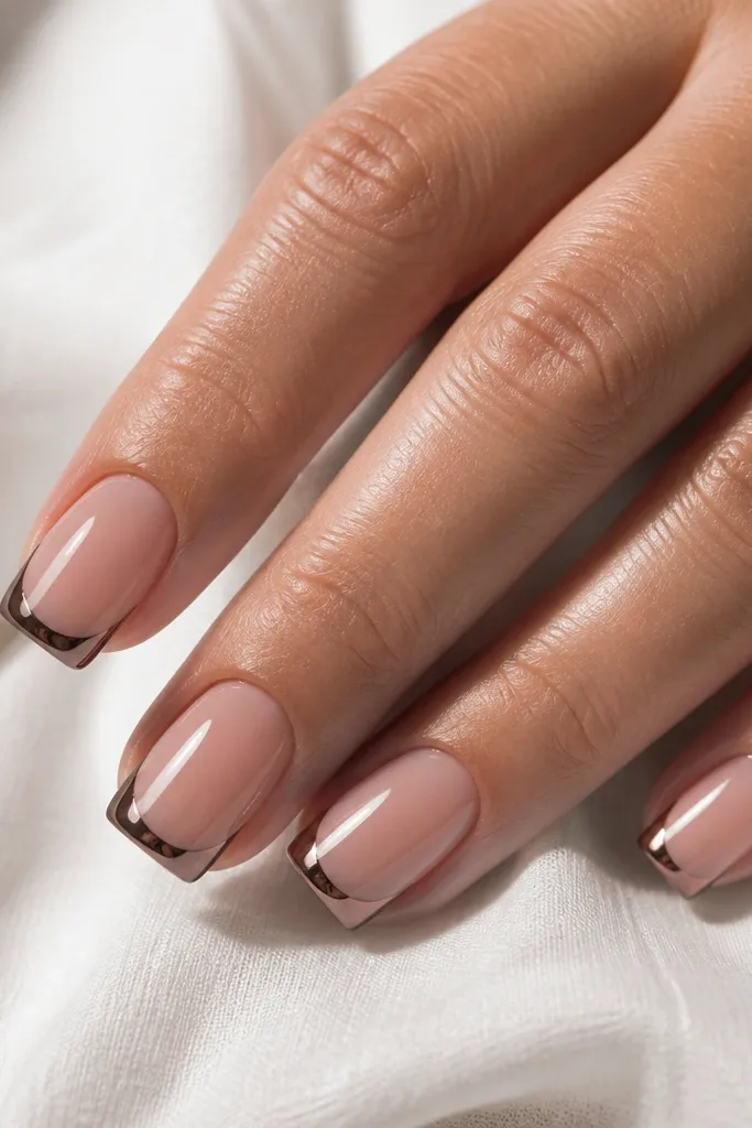 Modern brown chrome french tip nails