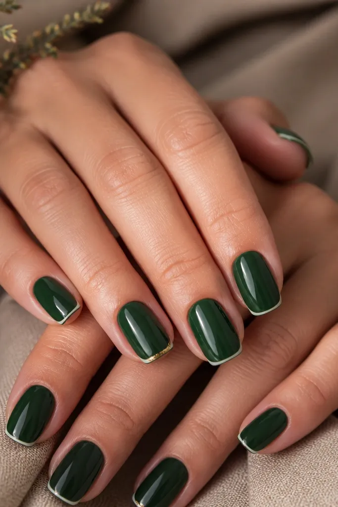 Short squoval nails painted opaque forest green, with a very thin white-free micro French line at the tip; gold foil flakes sit only at the very edge of the tips on two accent nails, while the rest stays mostly solid green.