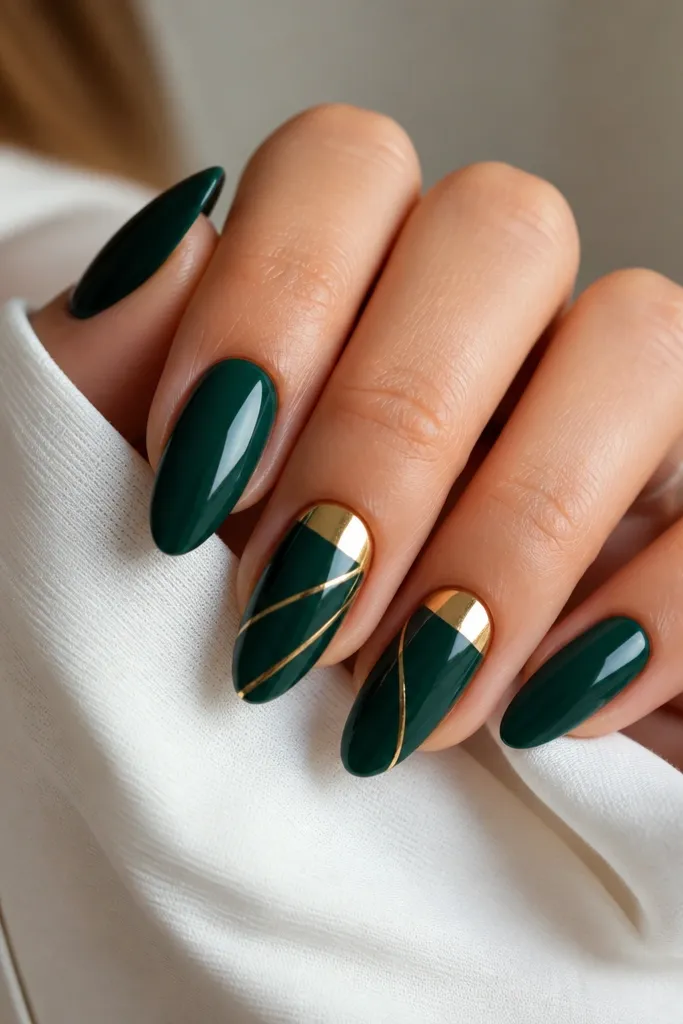 Medium almond nails: emerald green base with a chrome half-moon near the cuticle on two nails; thin matte gold lines run diagonally across the green, with the rest of the nails staying glossy emerald.