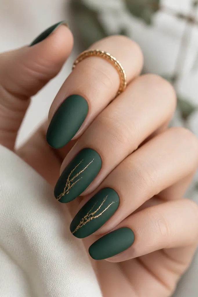 Nails with a soft matte, velvety forest-green finish; gold leaf veins look like thin cracks running from mid-nail toward the tip on two accent fingers, with the rest solid matte green.