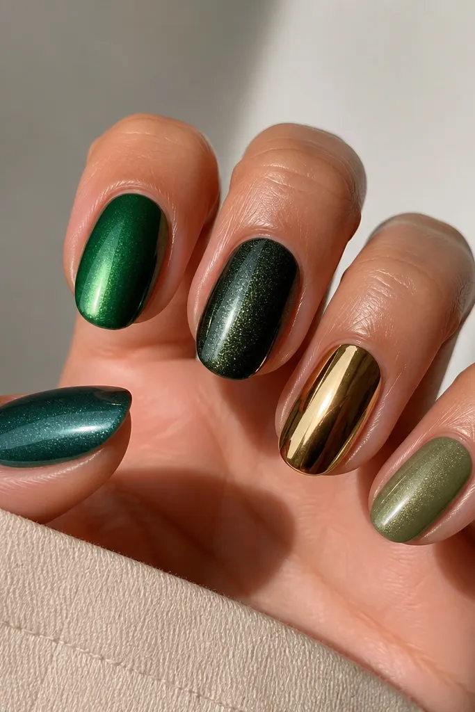 Five nails in different shades of green shimmer: teal-emerald, deep emerald, forest shimmer, and a muted sage shimmer; the ring finger is a full gold mirror chrome.