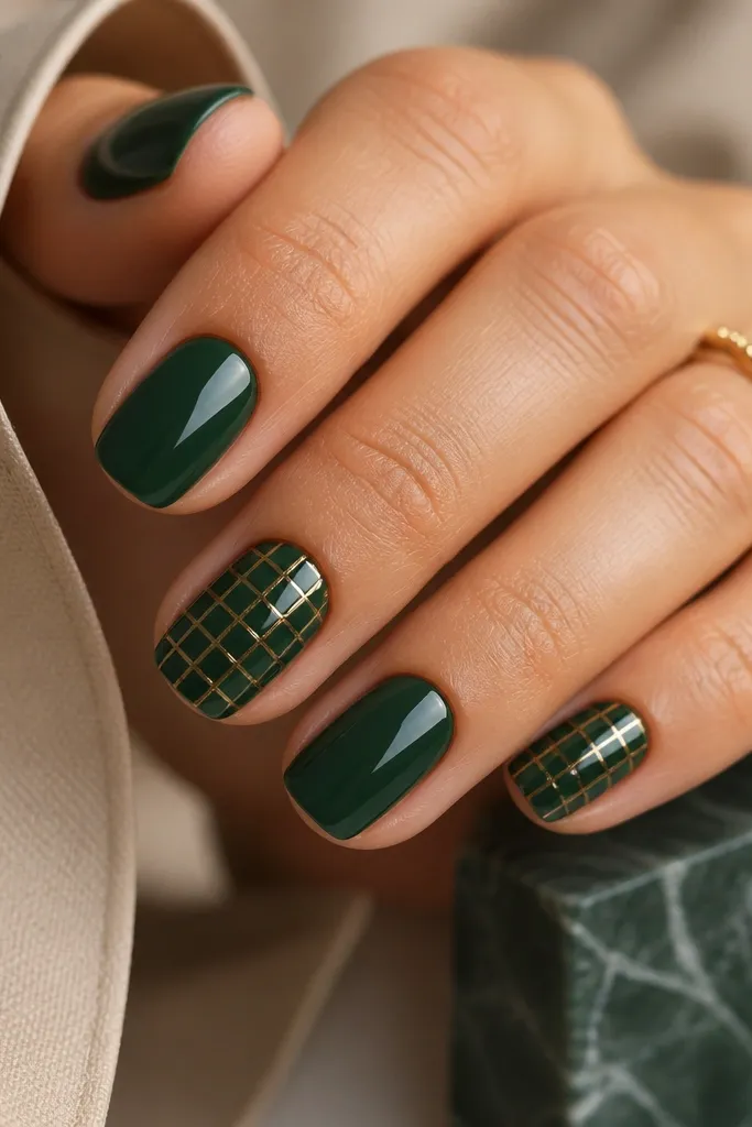 Mostly solid deep green nails; on two accent nails there's a tiny checker pattern in alternating dark green squares with thin gold lines between squares.