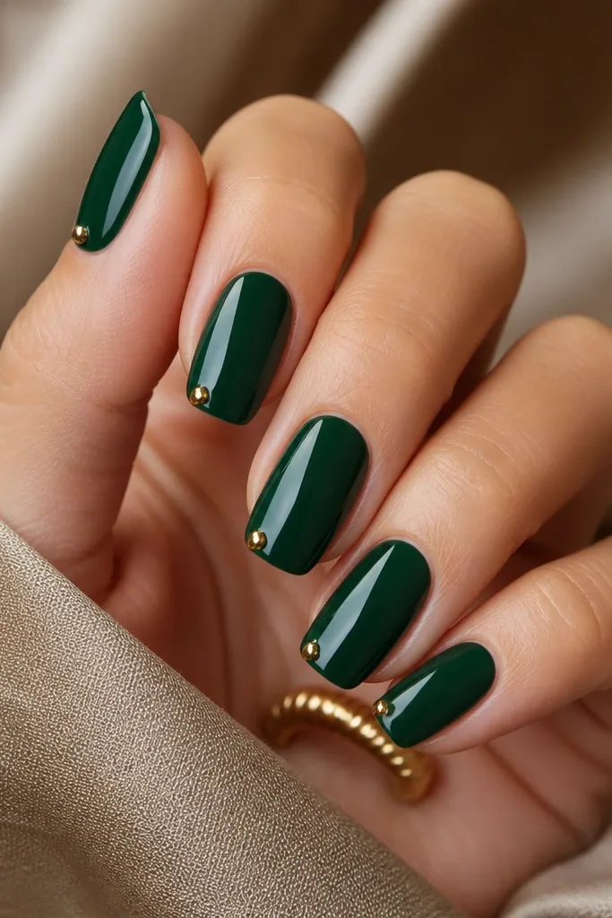 High-gloss deep green nails; each tip has one tiny raised gold bead of gel or 3D chrome bead placed near the corner, with the rest smooth and shiny.