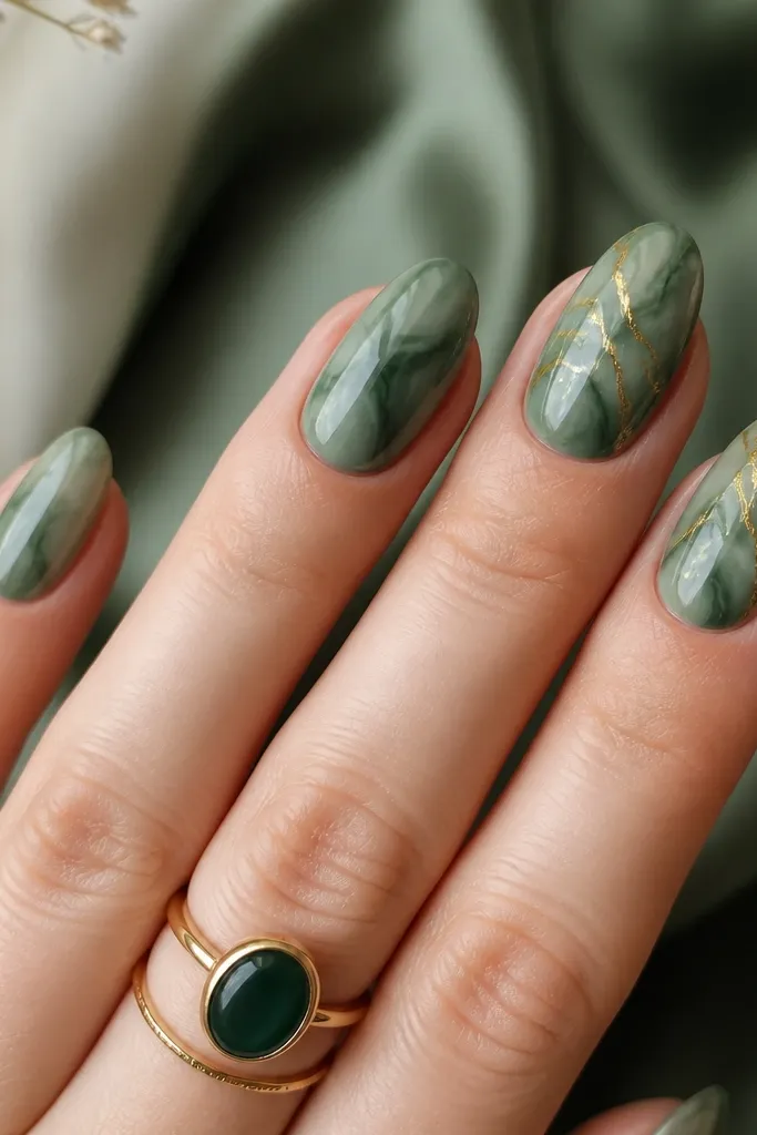 Nails with soft emerald marble swirls - darker and lighter greens blending; gold vein lines run through the swirls on two accent nails.
