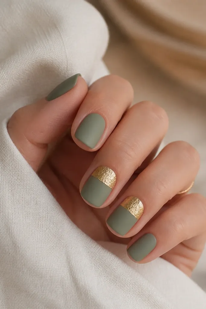 Short squoval nails in matte sage green; on one or two nails, gold foil covers the top half of the nail from midline to the tip, leaving the lower half solid matte.