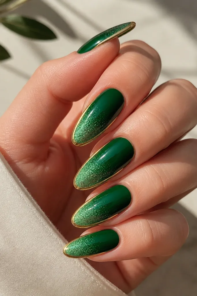 Nails fade from opaque emerald at the cuticle to fine green glitter at the tips; a thin gold outline frames the nail shape along both sides and the tip.