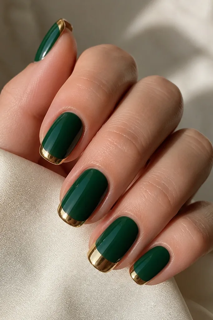 Deep green glossy nails with a smooth gold chrome tip band across the free edge, like a reverse French; ring finger has extra chrome width.