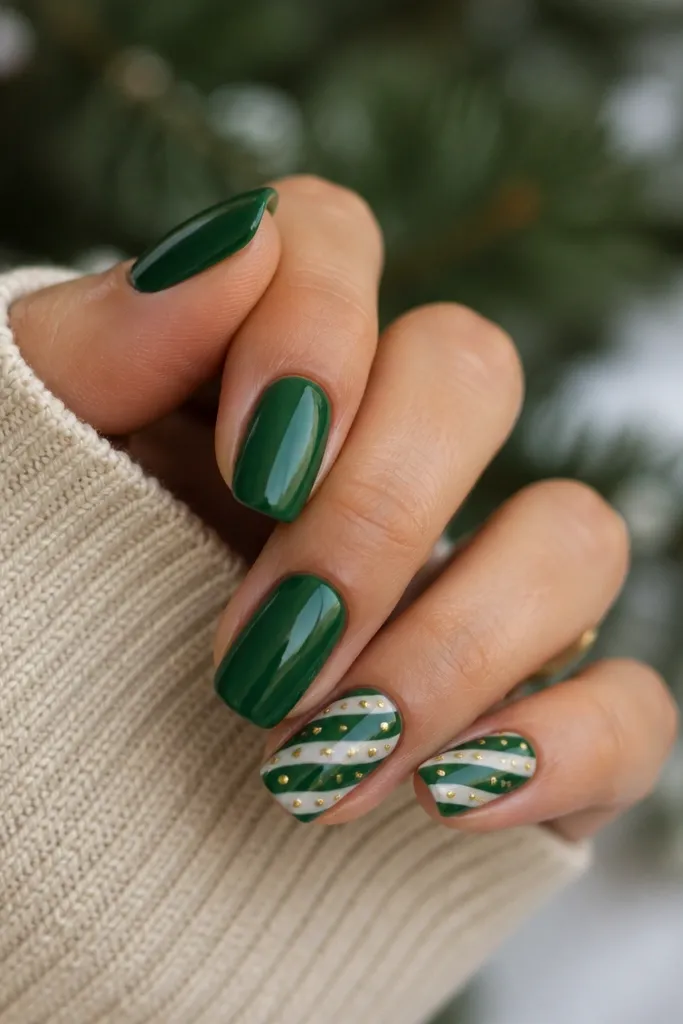 Mostly solid green nails; one or two nails have a diagonal candy cane stripe in lighter green and white-ish gel, with tiny gold dots at the ends and along the stripe.