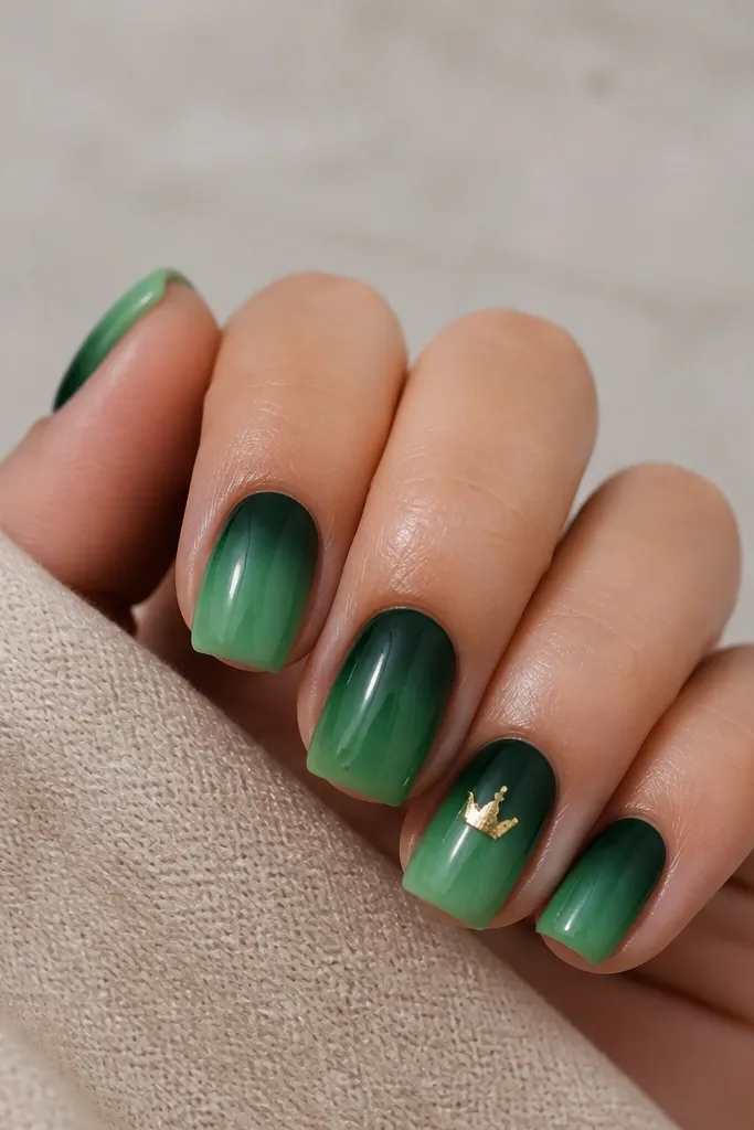 Nails with an ombré from deep emerald at the cuticle to lighter green toward the tip; on the ring finger, gold foil forms a small crown shape near the cuticle.
