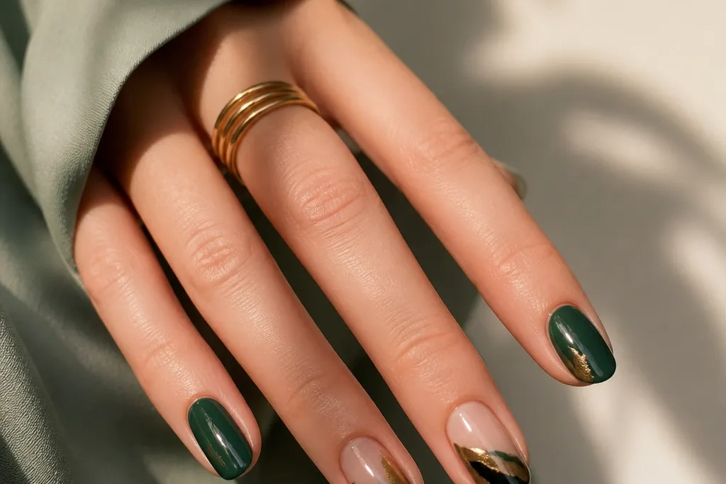 Modern green and gold nails