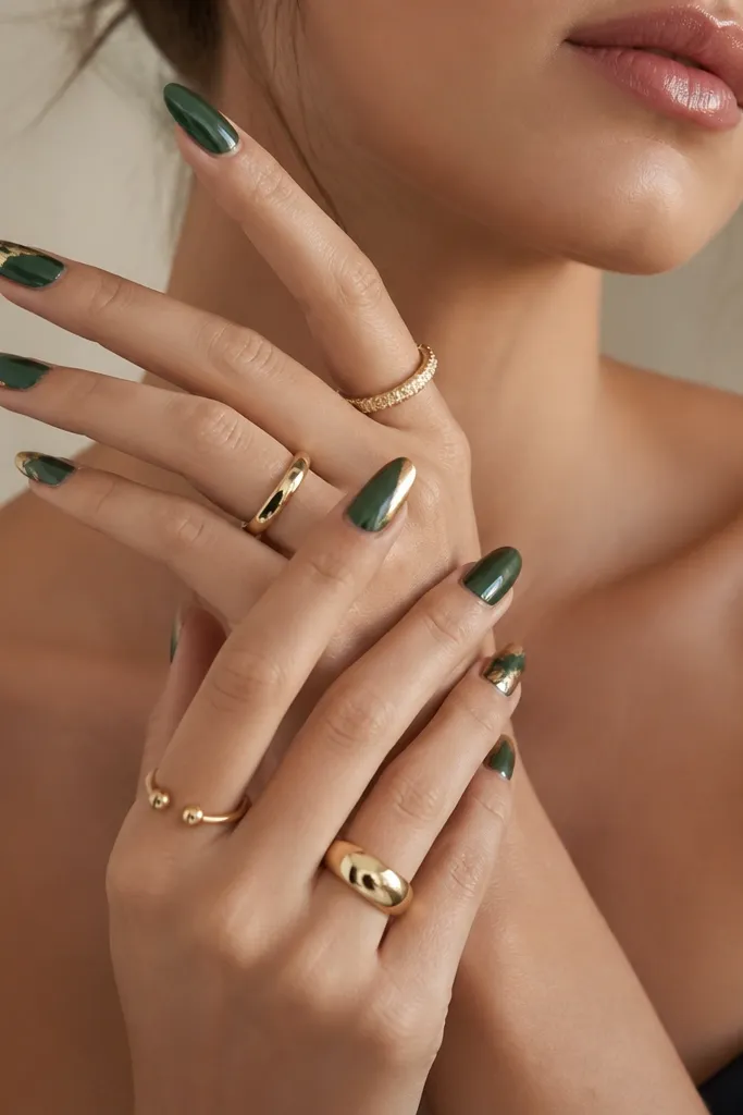 Modern green and gold nails