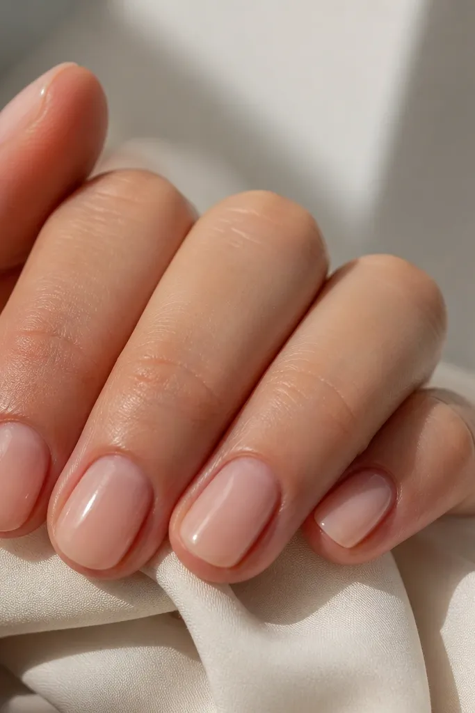 Short oval nails in a sheer nude pink covering the whole nail, glossy like a fresh gel top coat, with a smooth cuticle blend and no visible glitter.