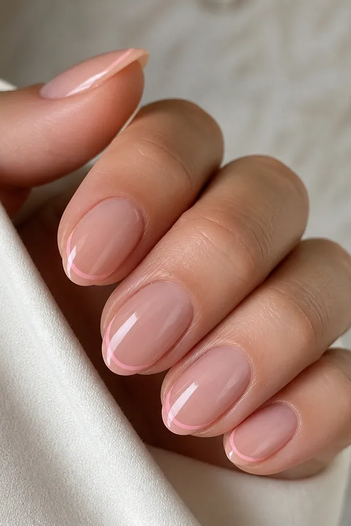 Short almond nails with a sheer nude pink base and a very thin nude-pink French line at the tips; the rest of the nail is clear and glossy.