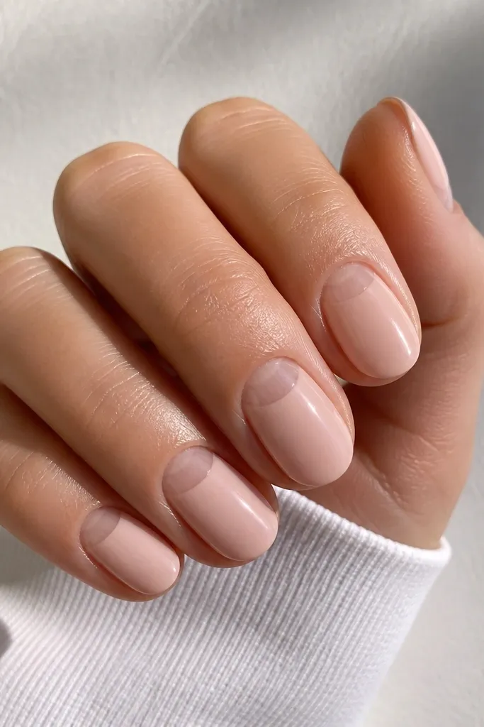 Short oval nails with a nude pink half-moon around the cuticle area, leaving a clear center under the cuticle, glossy finish.
