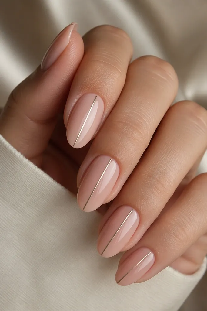 Short almond nails in nude pink, with a single thin metallic micro stripe running vertically near one side of each nail; glossy top coat.