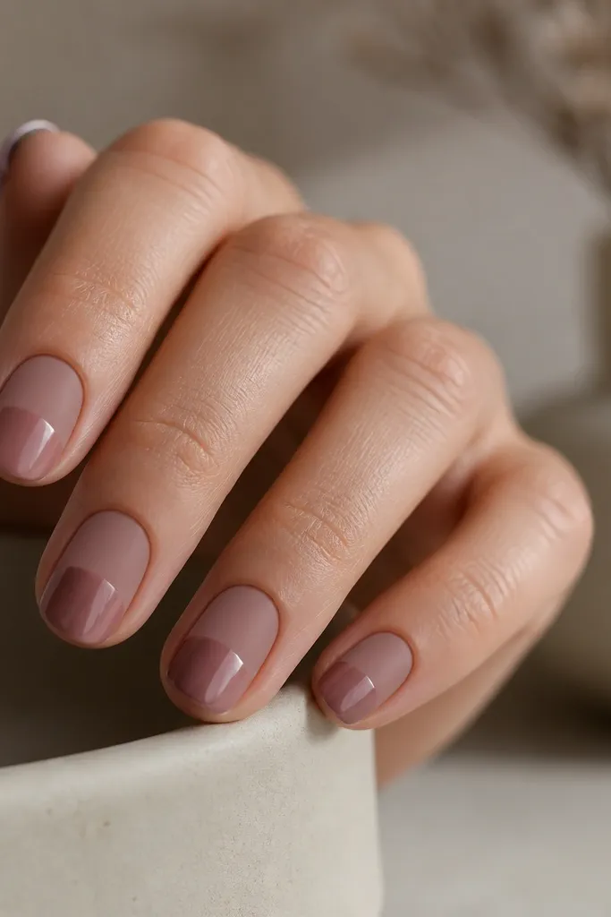 Short oval nails in muted rose nude; the cuticle half looks matte and velvety, while the tip half is fully glossy.