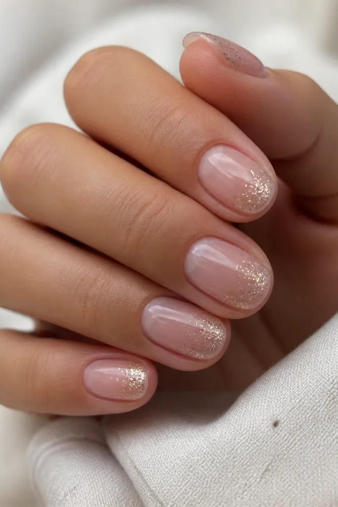 Short oval nails with a sheer nude pink base and a soft glitter arc concentrated near the tip, very subtle and glossy.