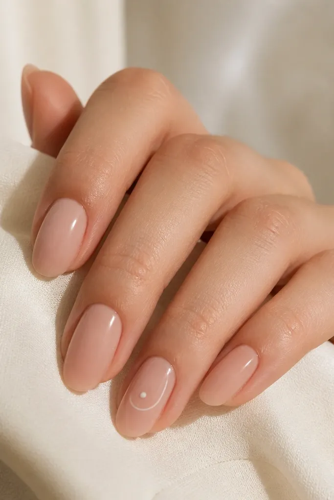 Five nails in nude pink tones; four are plain nude, one accent nail has a micro French line or tiny dot detail; all are glossy.