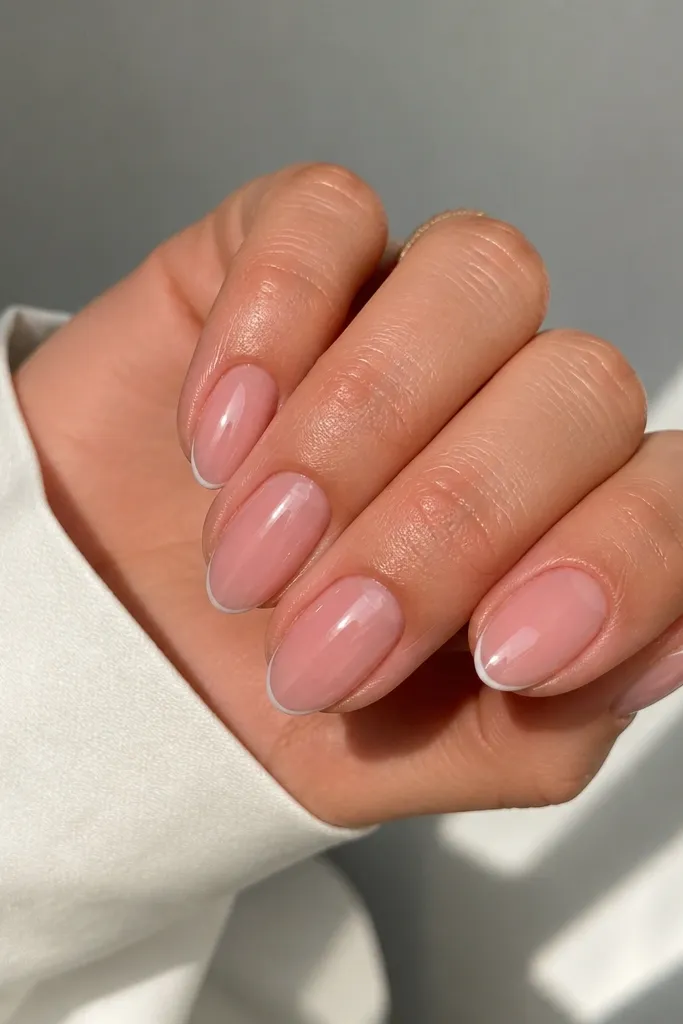 Short almond nails with nude pink base and a super thin white line hugging the very edge of the tip, glossy finish.