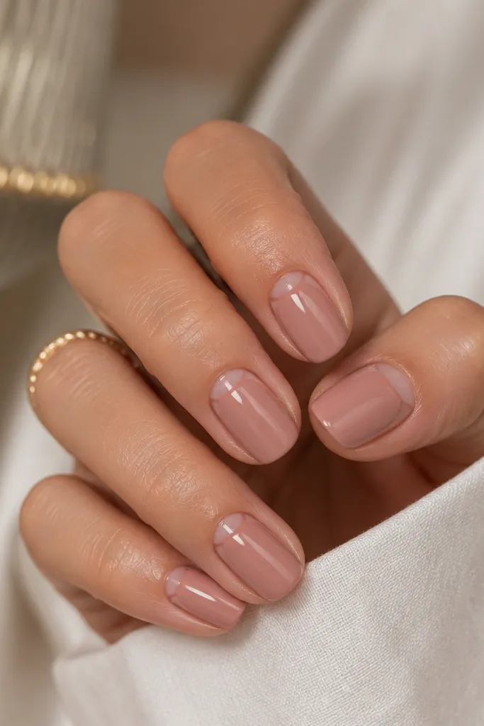 Short oval nails in rose nude with small negative-space gaps on each side near the mid-nail; glossy top coat.