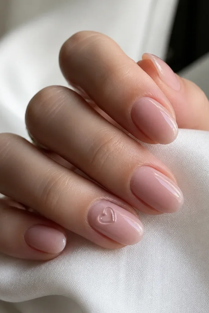Short almond nails in nude pink; one accent nail has a tiny heart shape near the cuticle made from clear gel, glossy and domed.