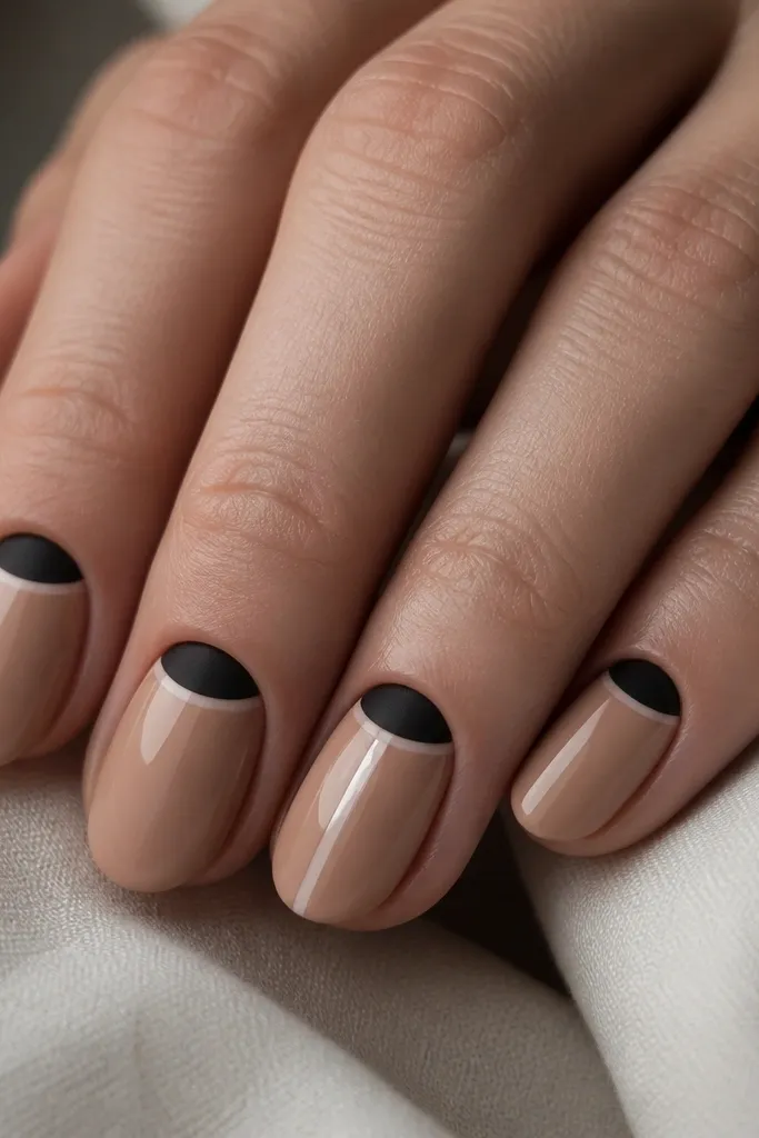 Close-up of short, almond nails with a warm nude base. The cuticle area has a matte black half-moon on each nail, leaving a clean gap between the half-moon and the rest of the nail. The overall look is minimal, with one glossy nude line breaking through the matte on the ring finger.