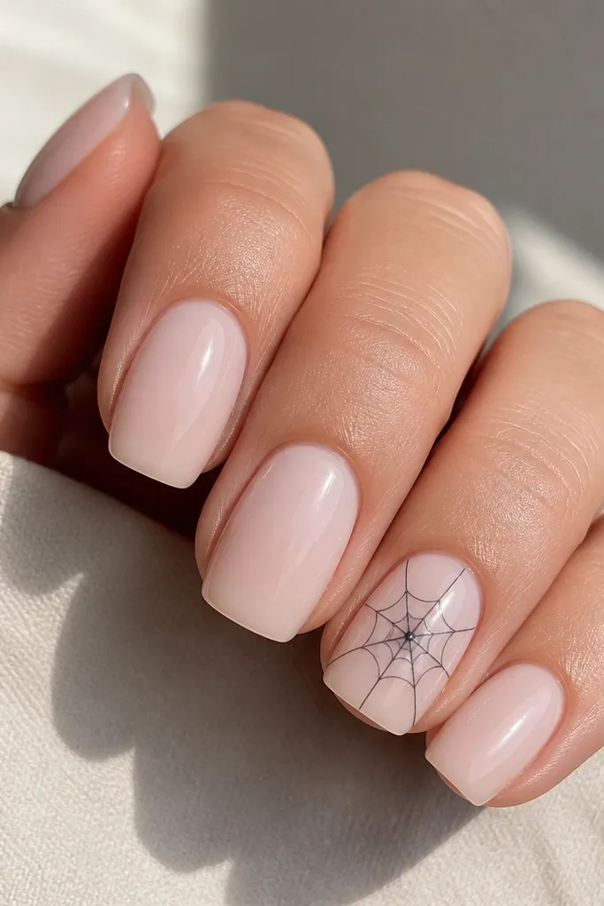 A set of medium squoval nails in milky nude. Four nails have no art. The ring finger has a thin charcoal web drawn in the center, with 3-4 straight lines radiating from a small dot near the middle and a delicate curved outer ring.