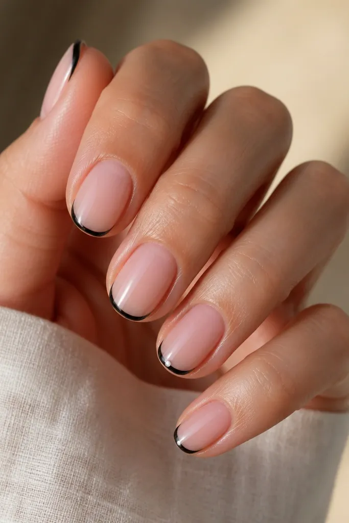 Short oval nails with a sheer pink base. Each nail has a very thin glossy black French tip, only 1-2 mm wide. The ring finger has a single tiny white dot near the tip edge.