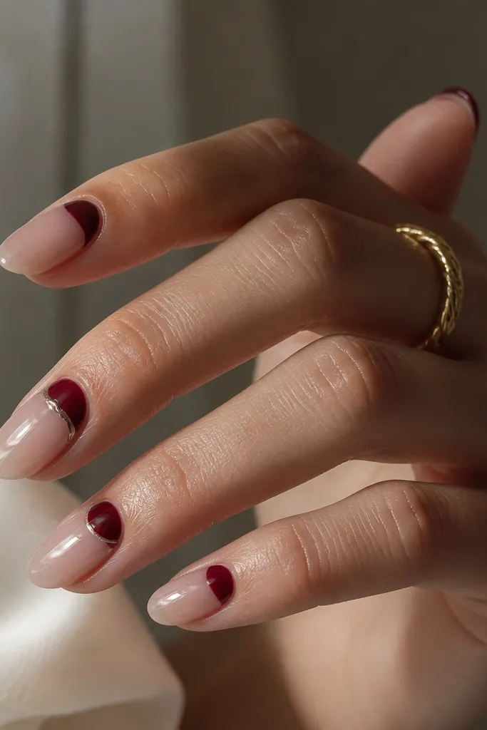 Medium almond nails with a clear jelly base. A deep oxblood crescent sits on each nail near the cuticle, with the rest of the nail staying translucent. One nail has a tiny silver crescent outline.