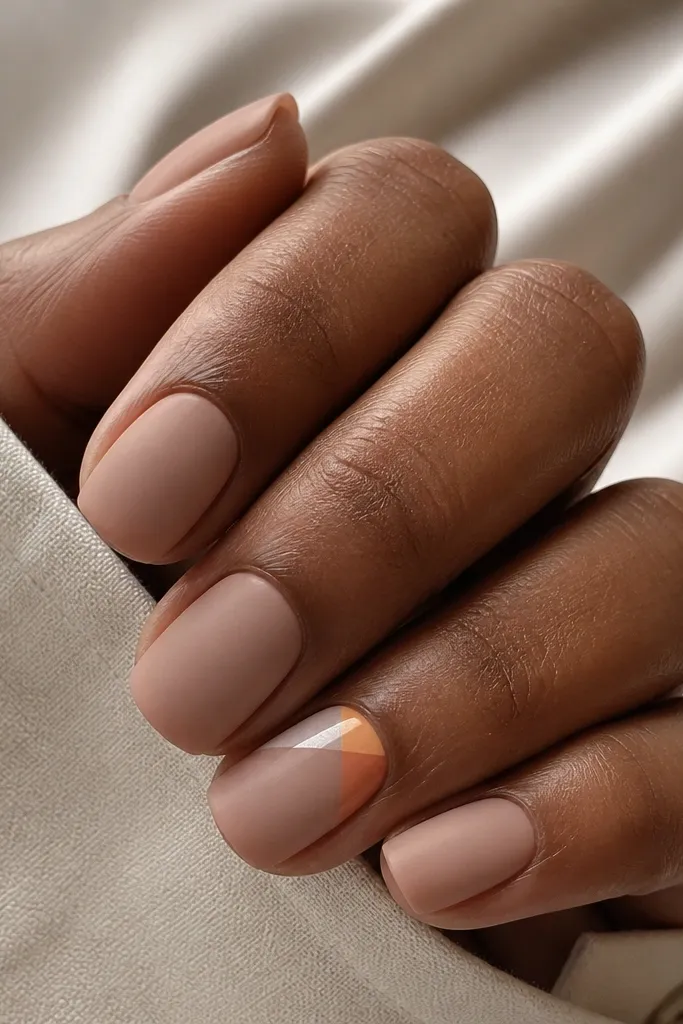 Short squoval nails in a matte nude finish. Only the ring finger has a small glossy corner design: a triangle split into three colors (cream, orange, and pale yellow) at the top side of the nail.