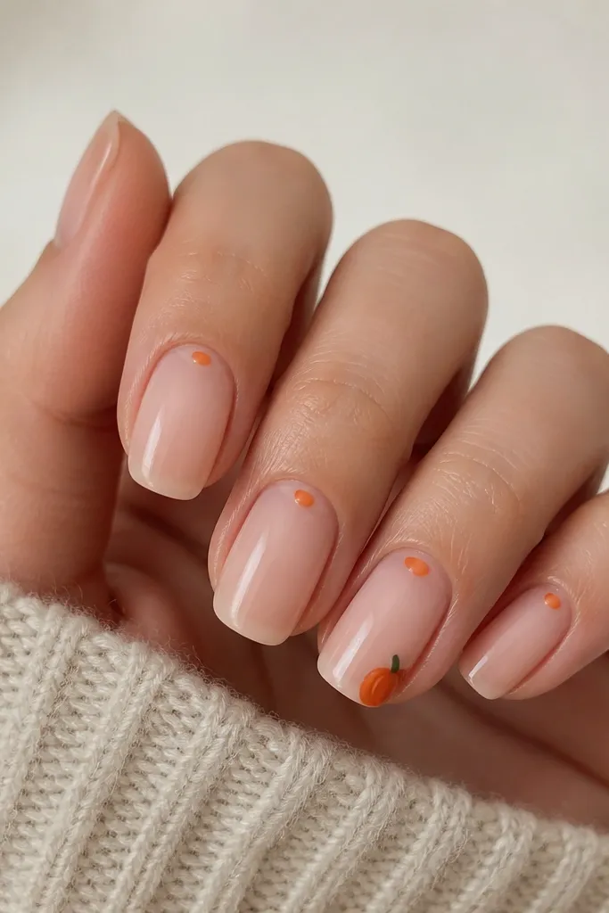 Medium nails with a sheer nude base and lots of negative space near the center. Only the ring finger shows a tiny pumpkin silhouette at the tip corner with a small green stem dot. The other nails have just a single orange dot near the cuticle.