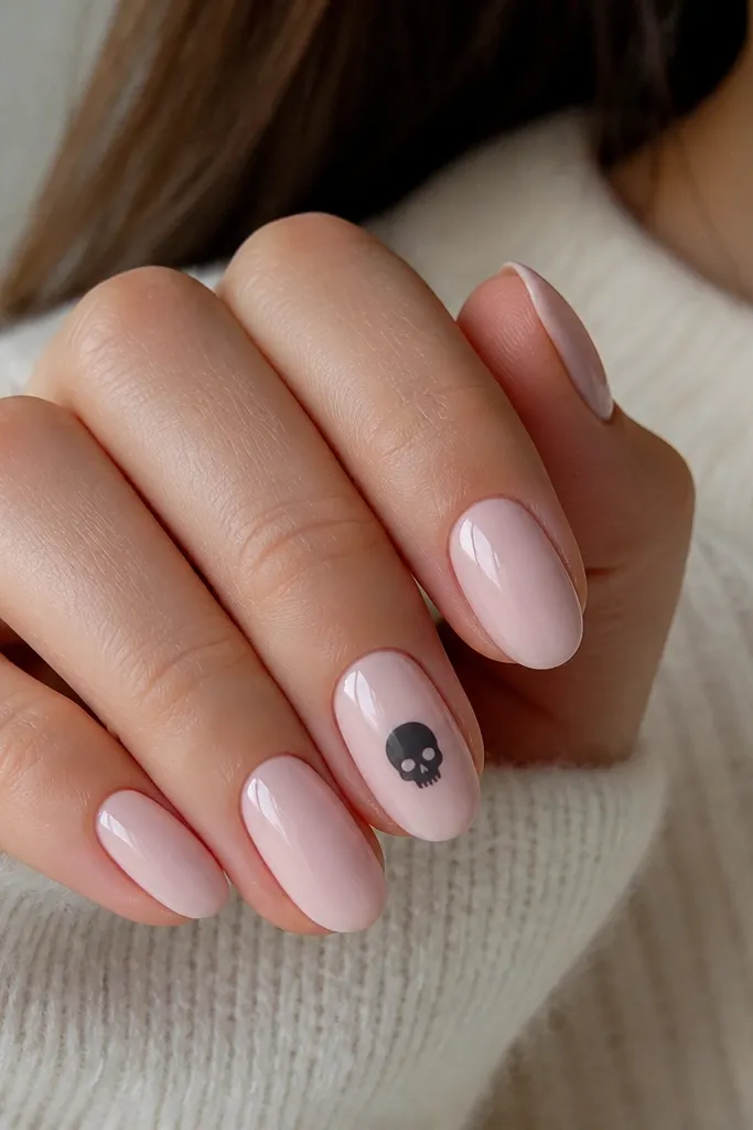 Short almond nails with a soft milky pink base and glossy finish. The ring finger has a small charcoal skull drawn in the center, with white eyes and a tiny nose line. Other nails have no art.
