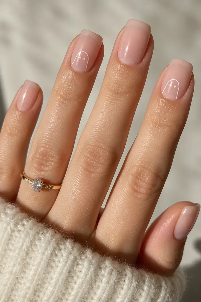 Medium squoval nails with sheer nude base. On the index and ring fingers, there is a thin milky white ghost outline near the cuticle, with a slightly wavy top and two small eye dots. The rest of the nails are plain.