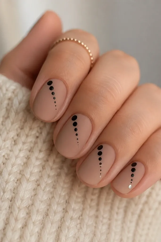 Short oval nails with a matte warm nude base. Each nail has a diagonal trail of 5-6 matte black dots starting near the cuticle and tapering toward the side. The ring finger has one extra tiny silver dot at the end.