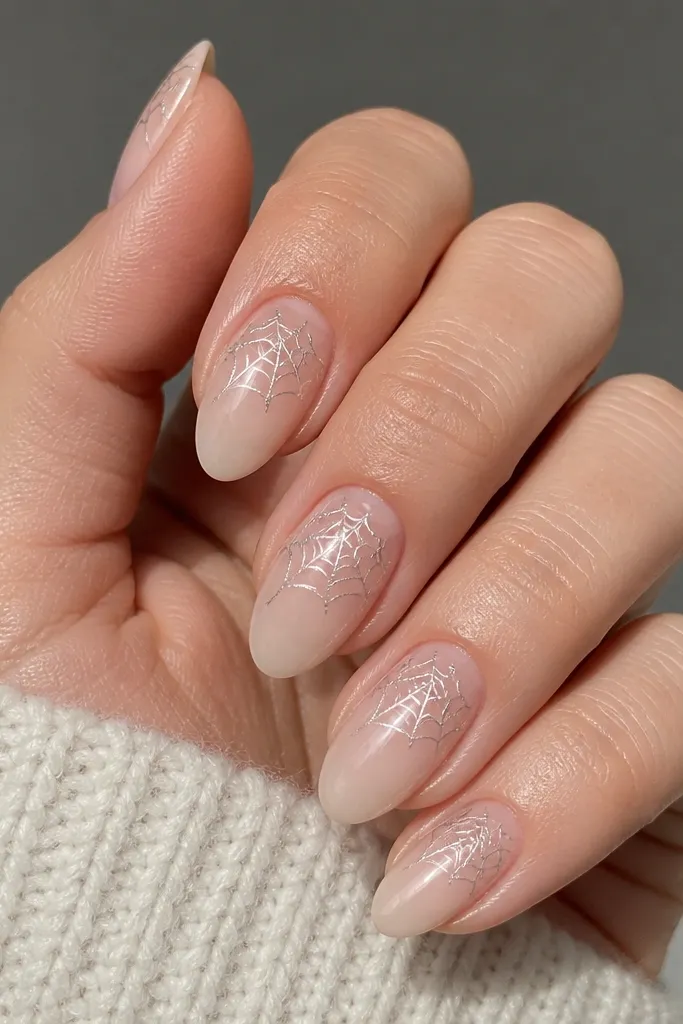 Medium almond nails with gloss nude base. Each nail has a thin silver web drawn across the top third of the nail, with radiating lines and a faint outer curve. The web is delicate and stays near the tip.