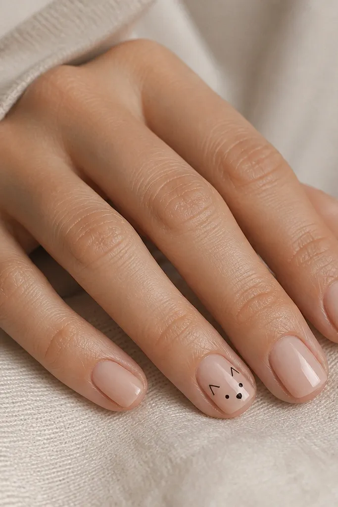 Short squoval nails with a sheer nude base. On the ring finger, a tiny black cat face is drawn with thin lines: two triangular ears, small dot eyes, and a tiny nose. The other nails have a plain nude finish.