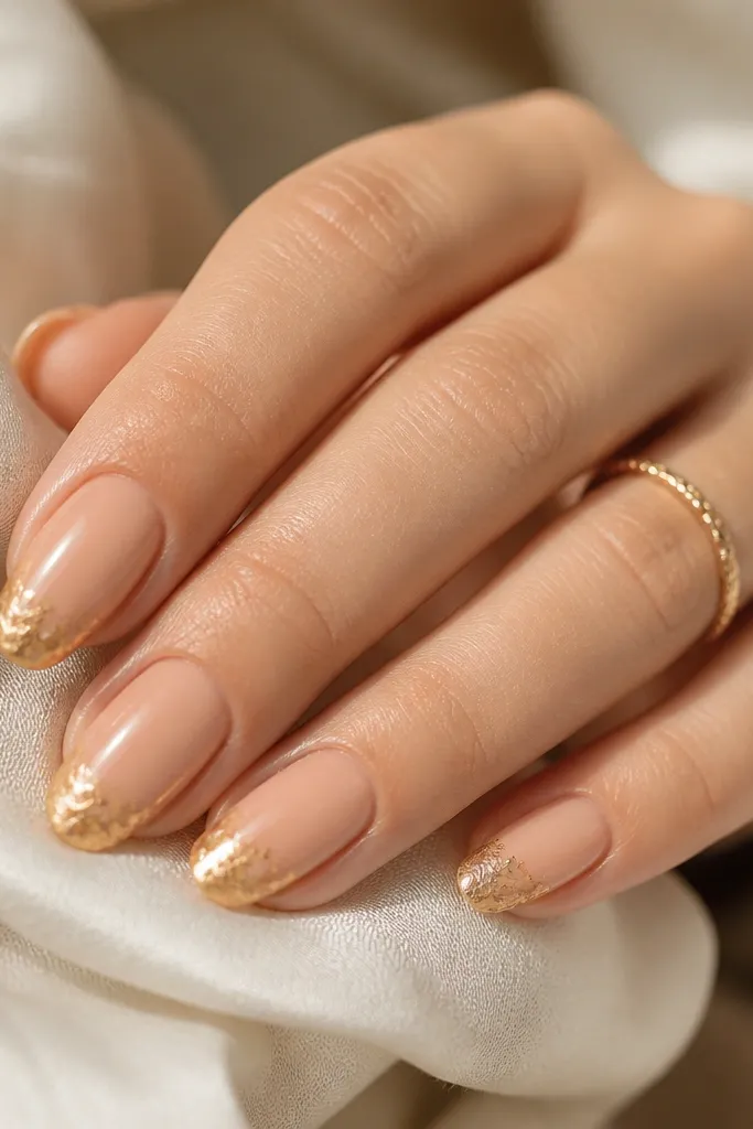 Short almond nails in a warm peach-beige nude. Only the tip area has thin gold foil pieces, irregular but concentrated at the outer edge. Glossy topcoat, no other art.